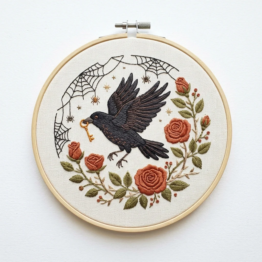 Crow with Skeleton Key colored hand embroidery design