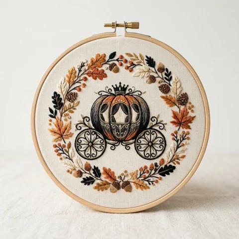 Crowned Pumpkin Carriage with Autumn Foliage Wreath hand embroidery design