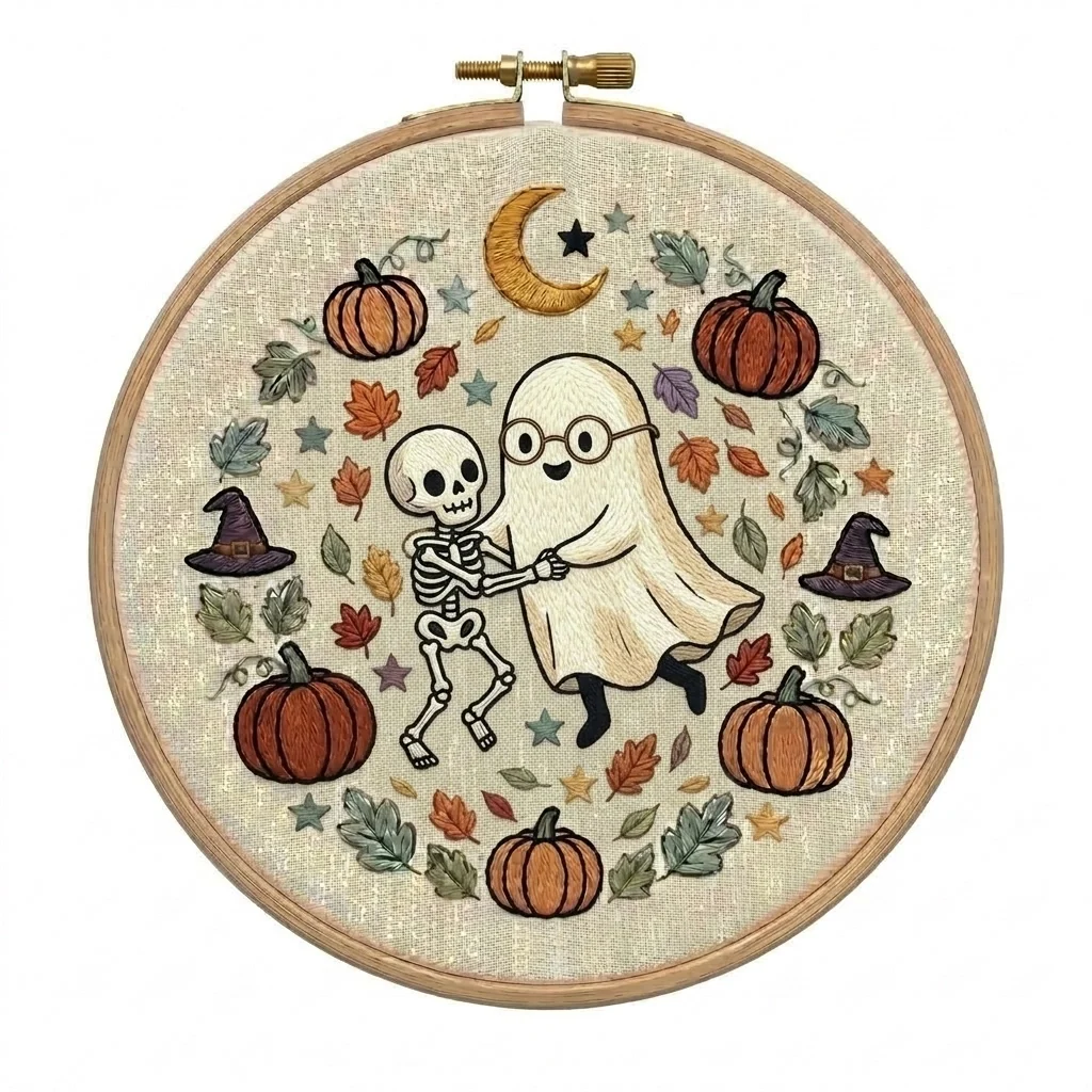 Dancing Skeleton Bespectacled Ghost Autumn Pumpkin Wreath colored hand embroidery design