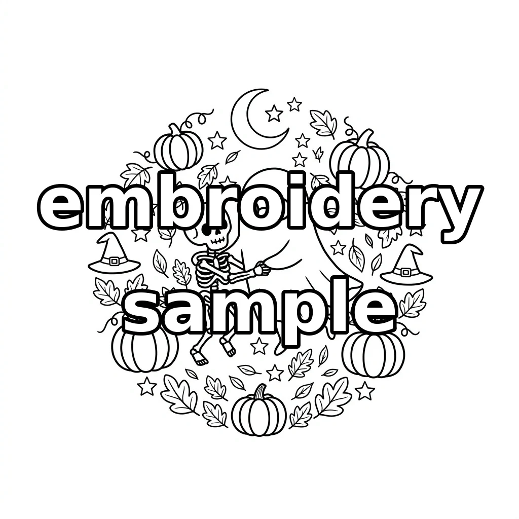 Watermarked Dancing Skeleton Bespectacled Ghost Autumn Pumpkin Wreath embroidery outline