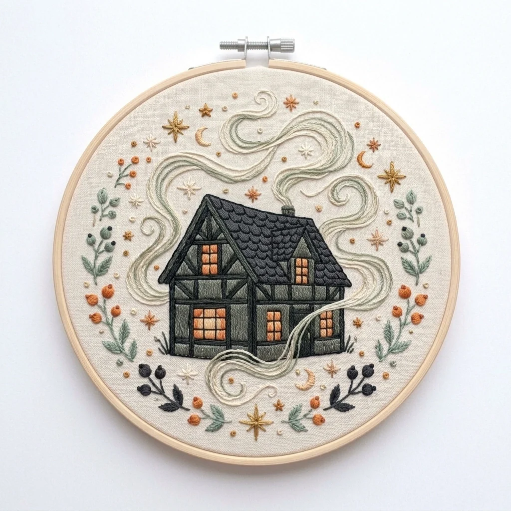 Dark Cottage Moonlit Swirls Botanical Wreath colored hand embroidery design