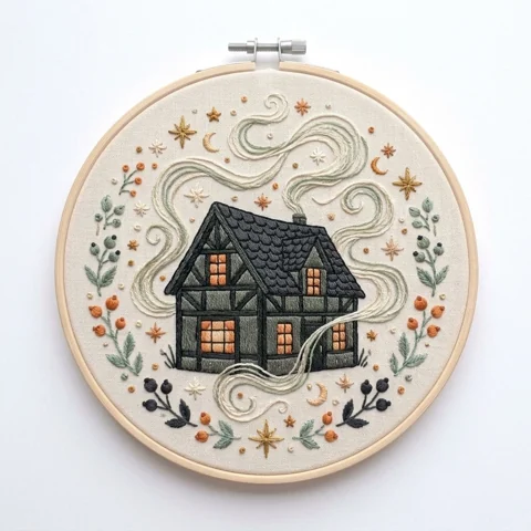 Dark Cottage Moonlit Swirls Botanical Wreath hand embroidery design