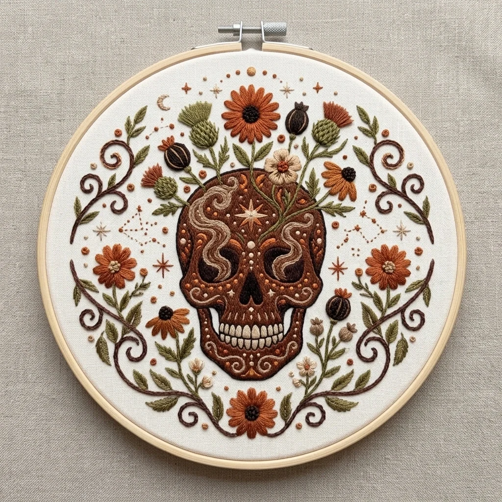 Decorated Skull with Floral Crown Crescent Moon and Botanical colored hand embroidery design