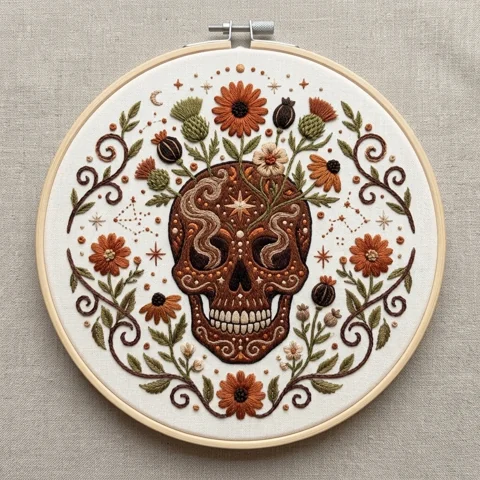 Decorated Skull with Floral Crown Crescent Moon and Botanical hand embroidery design