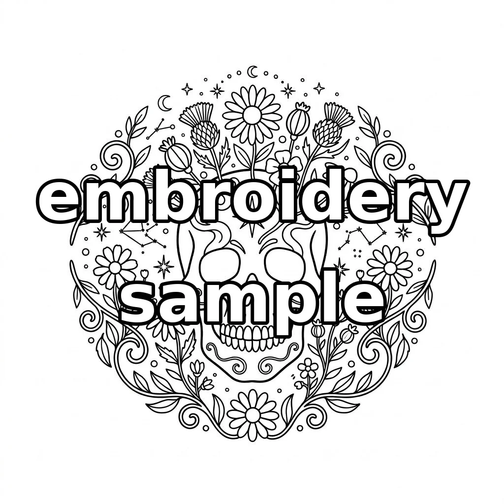 Watermarked Decorated Skull with Floral Crown Crescent Moon and Botanical embroidery outline
