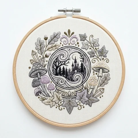 Enchanted Castle Globe Mushrooms Woodland Leaves hand embroidery design