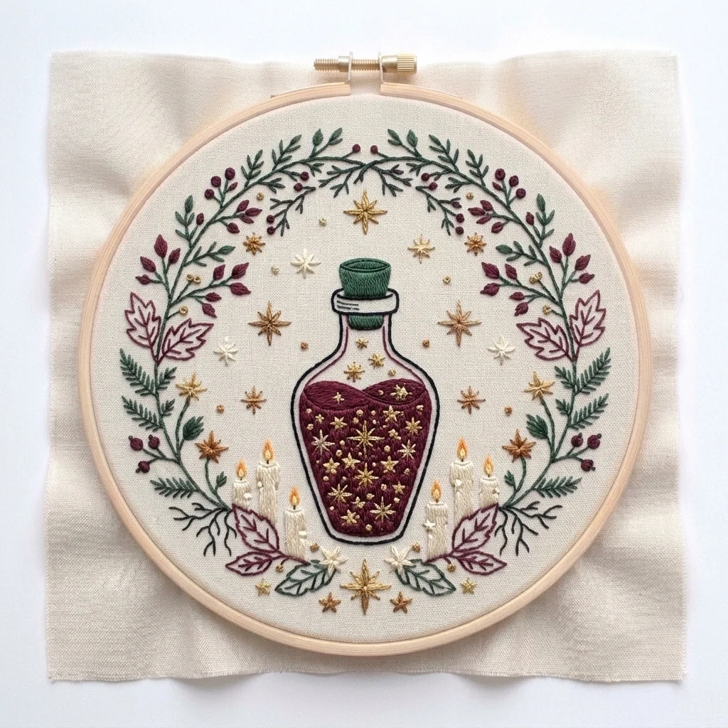 Enchanted Elixir Bottle Botanical Stars colored hand embroidery design