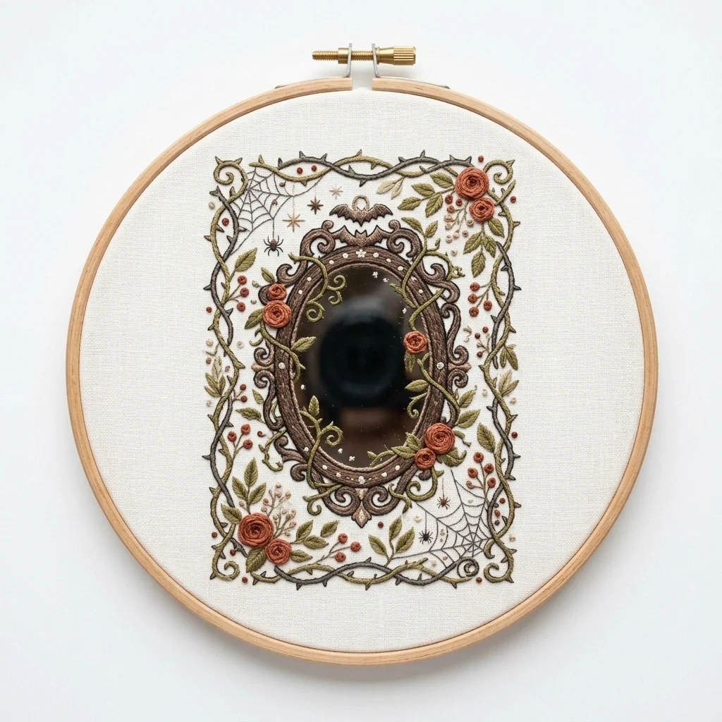 Enchanted Floral Mirror Spiderweb Frame colored hand embroidery design