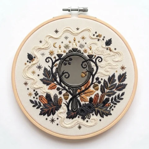Enchanted Mirror Candles Crystal Botanicals hand embroidery design