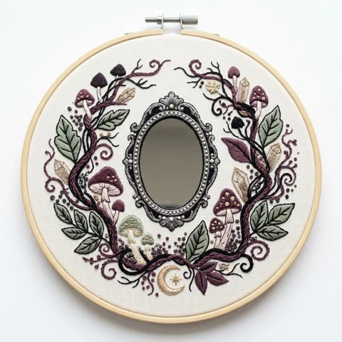 Enchanted Mirror Woodland Mushroom Wreath hand embroidery design