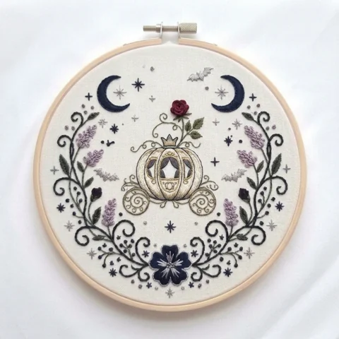 Enchanted Pumpkin Carriage with Twin Crescents Lavender and Bats hand embroidery design