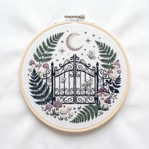Fern Garden Gate Crescent Woodland Mushrooms hand embroidery design