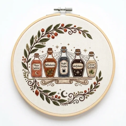 Five Apothecary Bottles with Spiderwebs Crescent Moon Berries hand embroidery design