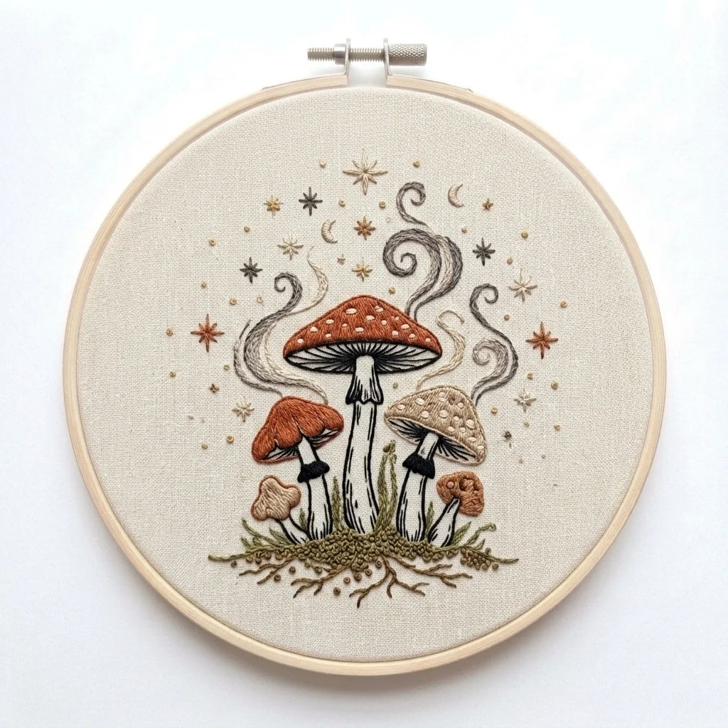 Five Mushrooms with Celestial Stars Smoke Curls and Mossy Roots colored hand embroidery design