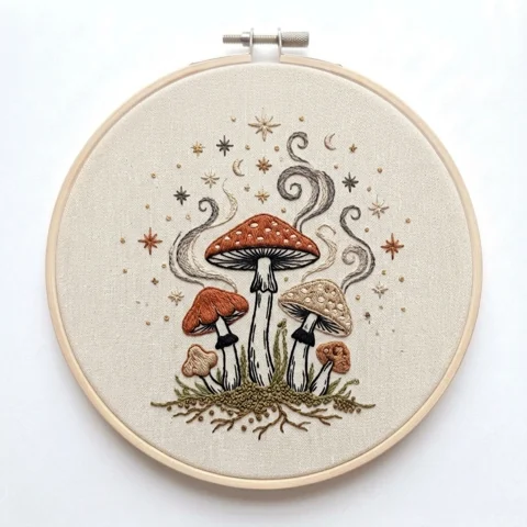 Five Mushrooms with Celestial Stars Smoke Curls and Mossy Roots hand embroidery design