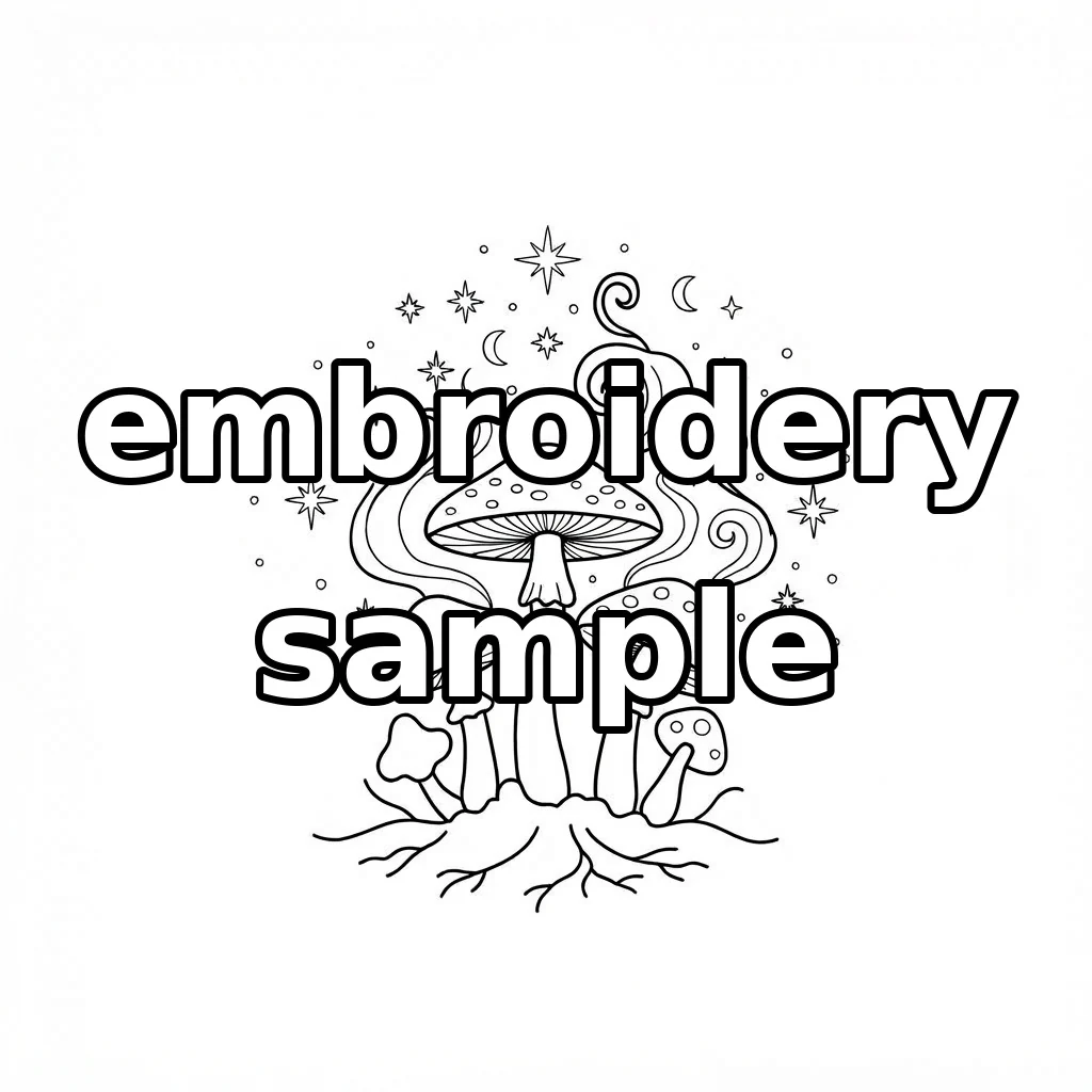 Watermarked Five Mushrooms with Celestial Stars Smoke Curls and Mossy Roots embroidery outline