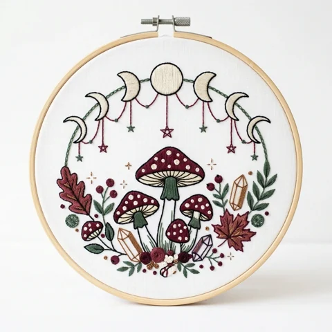 Five Red Mushrooms with Moon Phases Crystals and Autumn Botanicals hand embroidery design