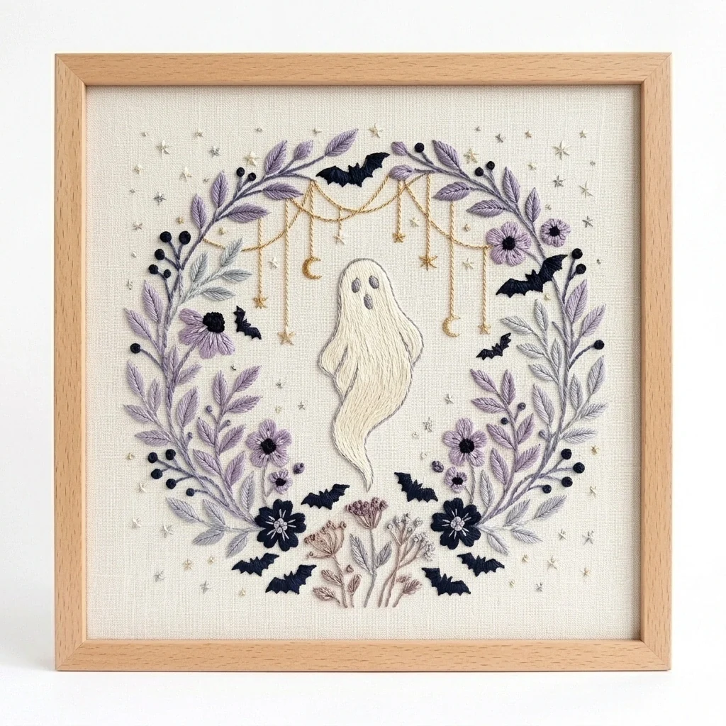 Floating Ghost Lavender Florals Hanging Moon Wreath colored hand embroidery design