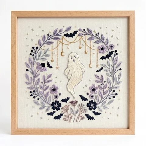 Floating Ghost Lavender Florals Hanging Moon Wreath hand embroidery design