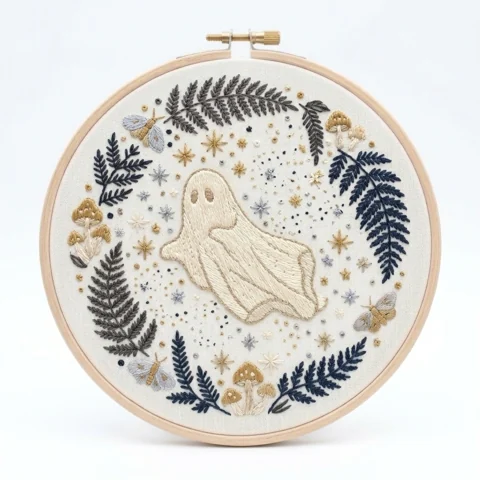 Floating Ghost Moths Fern Woodland Wreath hand embroidery design