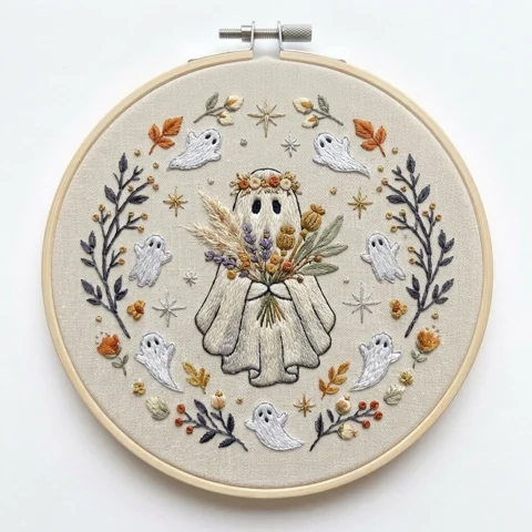 Floral Crowned Ghost Harvest Bouquet Spirit Wreath hand embroidery design