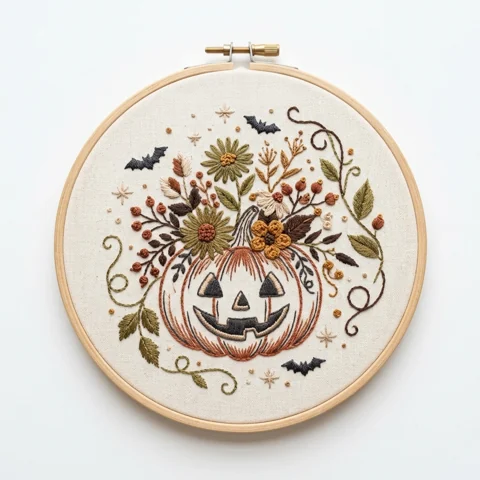 Floral Jack O Lantern Bats Curling Vines hand embroidery design