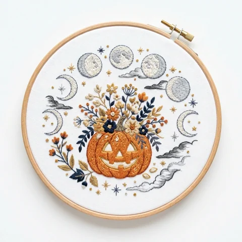 Floral Jack O Lantern Moon Phases Autumn Celestial Wreath hand embroidery design