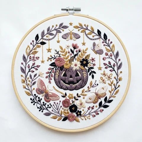 Floral Jack O Lantern Moth Wreath hand embroidery design