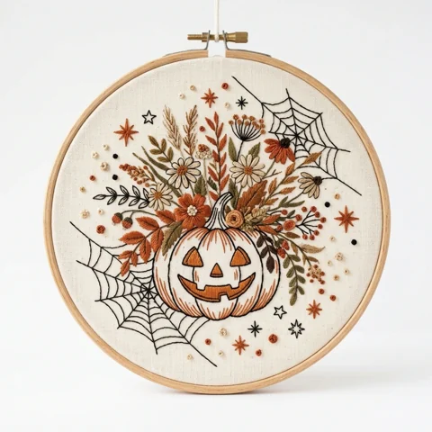 Floral Jack O Lantern Spider Webs Autumn Botanical Wreath hand embroidery design