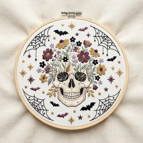 Floral Skull with Spider Webs Bats Stars and Wildflower Crown hand embroidery design