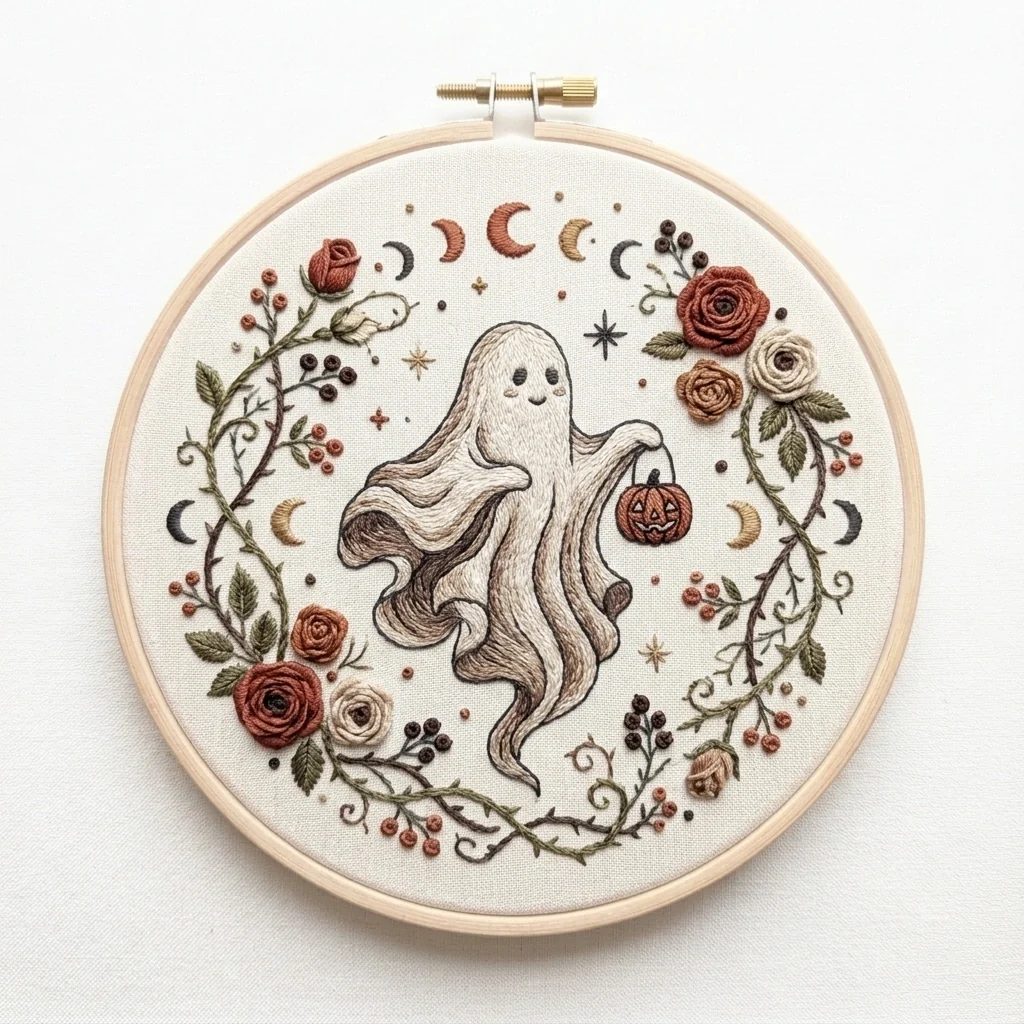 Flowing Ghost Jack O Lantern Moon Phase Rose Wreath colored hand embroidery design