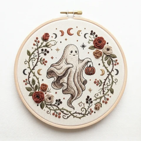 Flowing Ghost Jack O Lantern Moon Phase Rose Wreath hand embroidery design