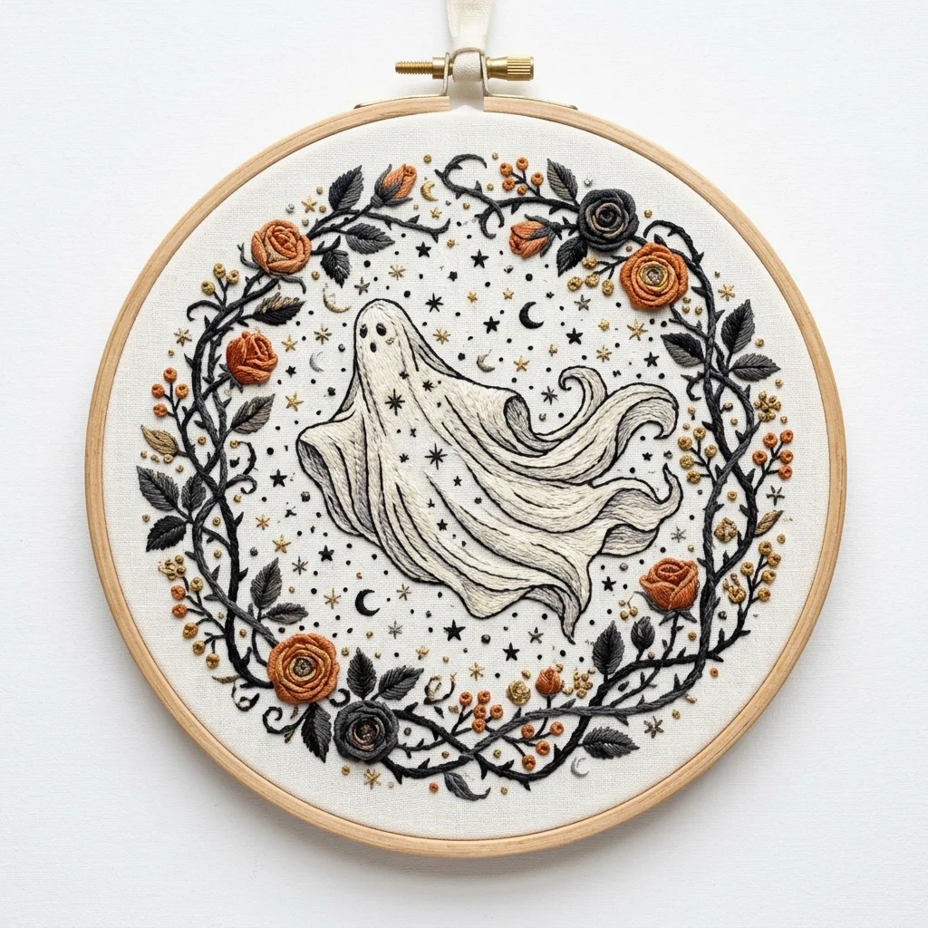 Flowing Ghost Roses Celestial Thorn Wreath colored hand embroidery design