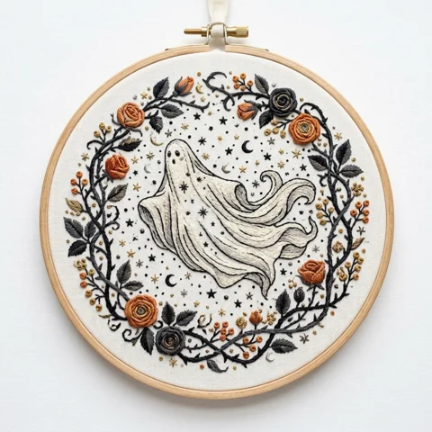 Flowing Ghost Roses Celestial Thorn Wreath hand embroidery design
