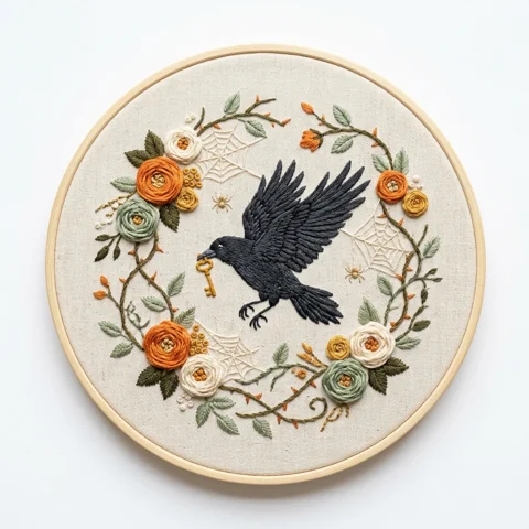 Flying Crow Key Roses hand embroidery design