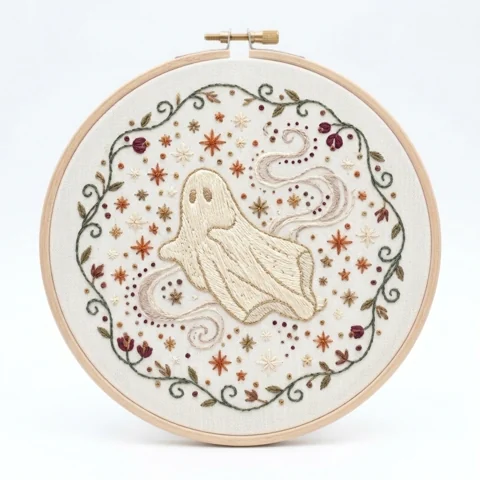 Flying Ghost Smoke Ribbons Autumn Star Wreath hand embroidery design