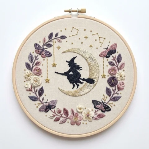 Flying Witch on Crescent Moon with Four Moths Constellations hand embroidery design