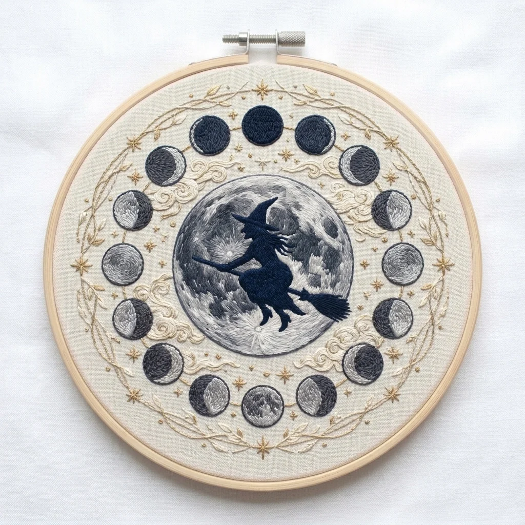 Flying Witch on Full Moon with Moon Phases and Golden Botanical Wreath colored hand embroidery design