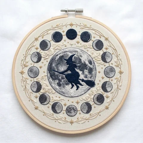 Flying Witch on Full Moon with Moon Phases and Golden Botanical Wreath hand embroidery design