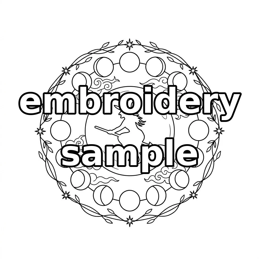 Watermarked Flying Witch on Full Moon with Moon Phases and Golden Botanical Wreath embroidery outline