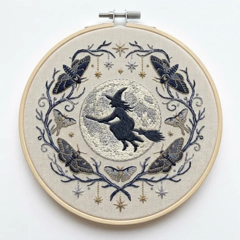 Full Moon Witch Celestial Moth Wreath hand embroidery design