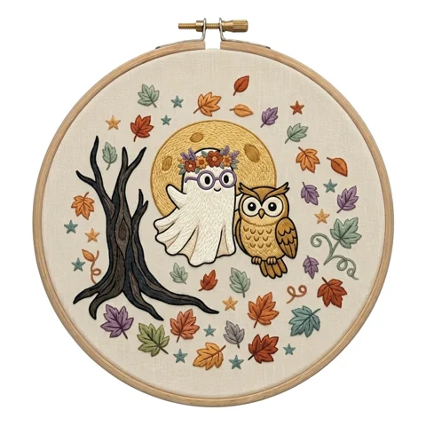 Ghost and Owl with Full Moon Bare Tree Autumn Leaves and Stars hand embroidery design