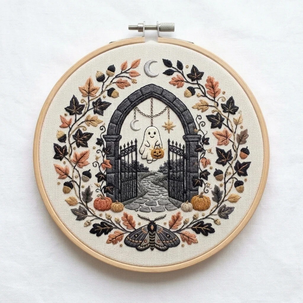 Ghost at the Garden Gate Autumn Leaves Moth Wreath colored hand embroidery design