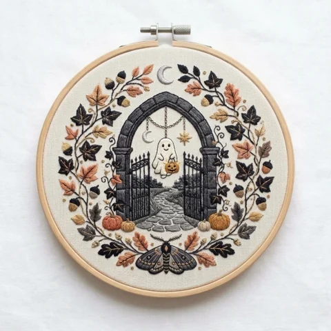 Ghost at the Garden Gate Autumn Leaves Moth Wreath hand embroidery design