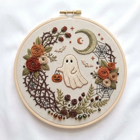 Ghost Crescent Moon Thorned Rose Wreath hand embroidery design