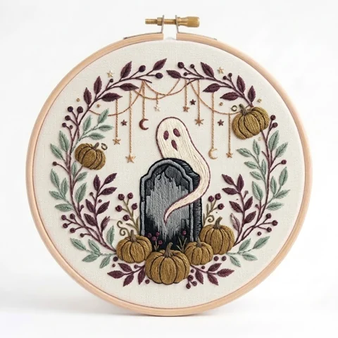 Ghost Gravestone Pumpkin Wreath hand embroidery design