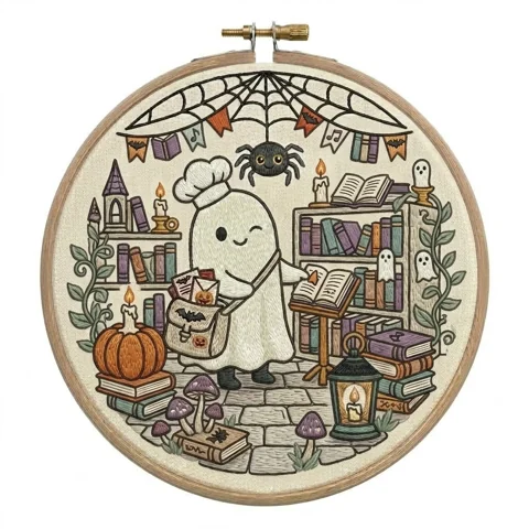 Ghost Librarian Spider Web Pumpkin Reading Nook hand embroidery design