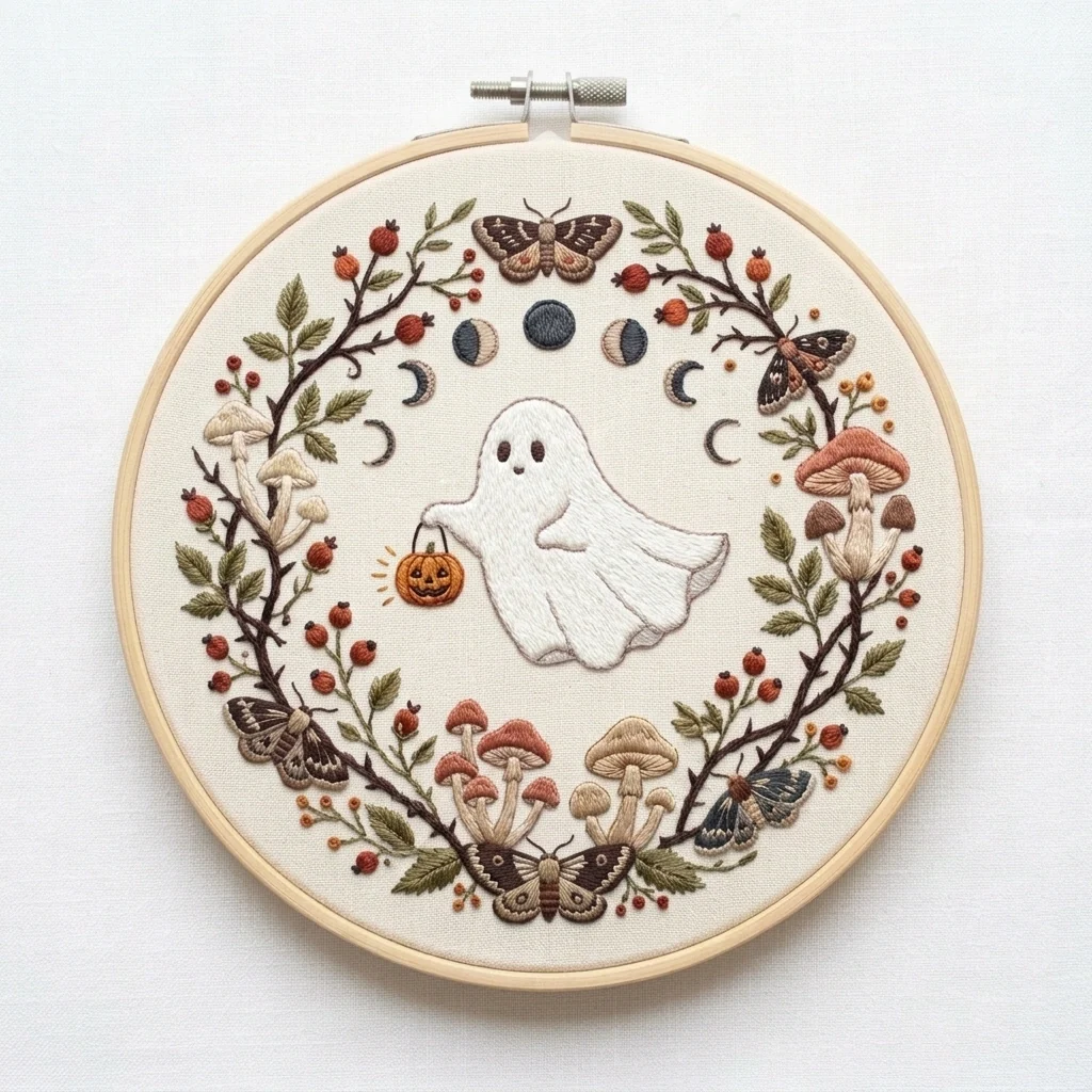 Ghost Moths Woodland Mushroom Wreath colored hand embroidery design