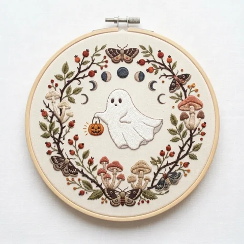 Ghost Moths Woodland Mushroom Wreath hand embroidery design