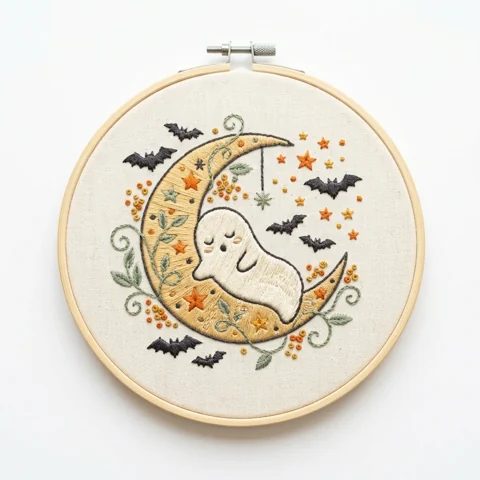 Ghost on Golden Crescent Moon with Bats Botanicals hand embroidery design